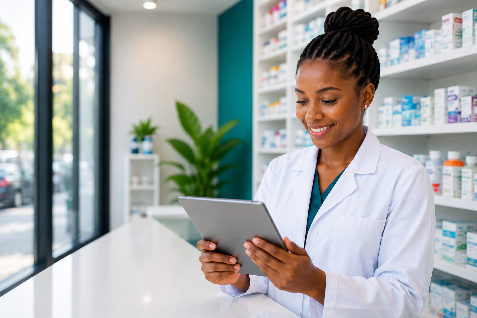 Pharmacist reviewing healthcare insights on a tablet